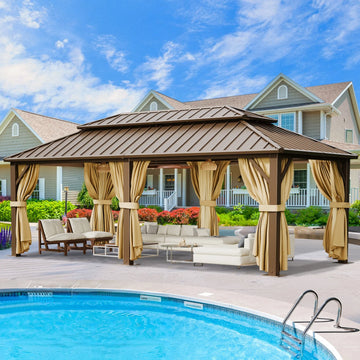 COBIZI 12x20FT Hardtop Gazebo, Metal Gazebo with Aluminum Frame, Permanent Gazebo Double Galvanized Steel Roof, Curtains and Netting Included, Pergolas for Patios, Garden, Deck,Lawns,Dark Brown