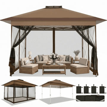 COBIZI 13x13 Pop up Gazebo, Outdoor pop up Canopy Tent, Patio Shelter Tents with Portable Carry Bag, Patio Gazebos for Camping, Garden, Deck, Backyard, Brown