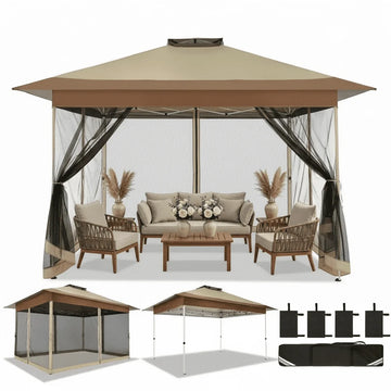 COBIZI 13x13 Pop up Gazebo, Outdoor pop up Canopy Tent, Patio Shelter Tents with Portable Carry Bag, Patio Gazebos for Camping, Garden, Deck, Backyard, Khaki