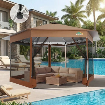 COBIZI 13x13 Pop-Up Canopy Tent, Gazebo with Mosquito Netting Outdoor Portable Patio Shelter with Carry Bag for Garden, Deck & Backyard, Brown