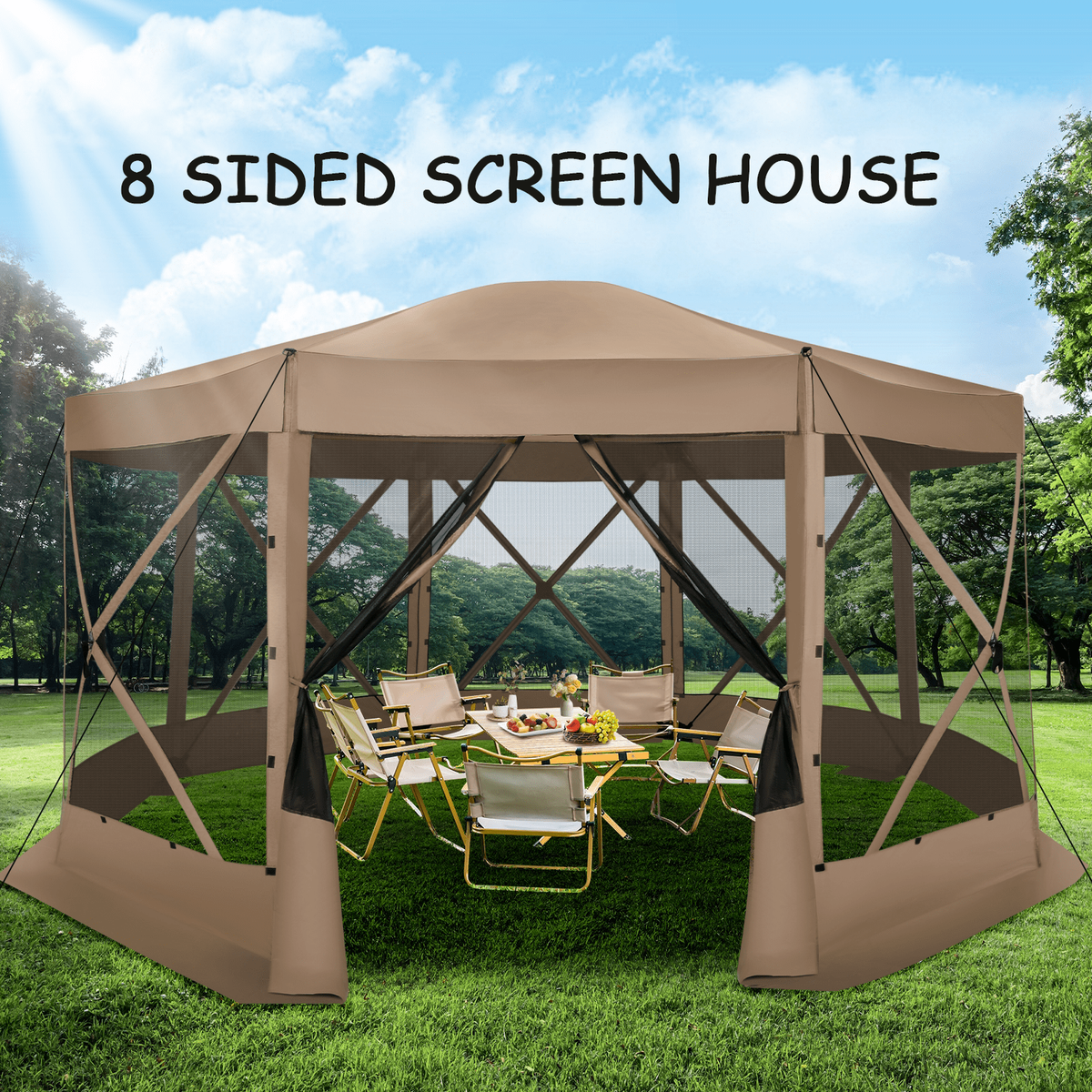 COBIZI 15x15 Extra Large Pop-Up Gazebo Canopy Tent with Mosquito Netting, 8-Sided EZ Set-Up Screened Shelter, Durable Outdoor Pavilion with Ground Stakes, Perfect for Patio, Backyard, and Lawn,Khaki