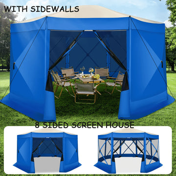 COBIZI 15x15 Pop up Gazebo Extra Large Screen Tent, 8-Sided Screen House for Camping, Camping Outdoor Screened Gazebo with 7 Sidewalls, Portable Hub Tent with Carrying Bag and Ground Stakes, Blue
