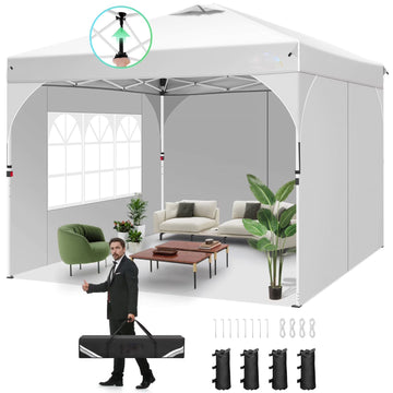 COBIZI 10x10 Pop Up Canopy Tent with Sidewalls,Waterproof Easy up Canopy for Camping,Outdoor Instant Folding Gazebo 10x10 Canopy for Party with Air vent,Reflective Strip,Carry Bag&Sandbags White