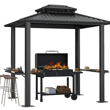 COBIZI 6’x 8’ Hardtop Aluminum Grill Gazebo with Double Roof, Outdoor BBQ Gazebo Canopy with 2 Side Shelves, Galvanized Steel Roof for Enhanced Patio, Lawn, Backyard BBQ Experience, Black