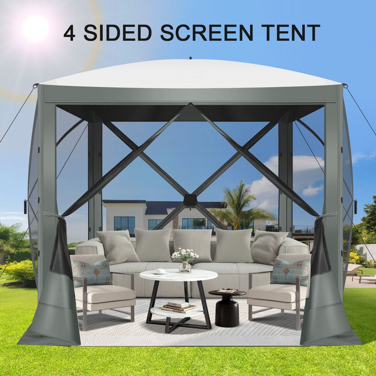 COBIZI 8x8 Pop up Gazebo Tent, Ez up Waterproof Screen Tent Screen House, Portable Outdoor Canopy Sun Shelter with Carry Bag & Ground Stakes for Camping, Garden and Picnics, Gray