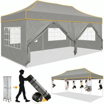 COBIZI 10x20 Heavy Duty Pop Up Canopy Tent with 6 Sidewalls, Windproof Upgraded Frame, Waterproof Commercial Grade Gazebo, Wheeled Bag Included for Wedding Party Events, Gray