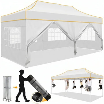COBIZI 10x20 Heavy Duty Pop Up Canopy Tent with 6 Sidewalls, Windproof Upgraded Frame, Waterproof Commercial Grade Gazebo, Wheeled Bag Included for Wedding Party Events, White