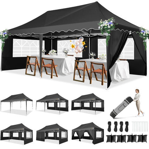 COBIZI Canopy Tent 10'X20' Pop up Hollow Tent with 6 Removable Side Walls,Outdoor Event Party Canopy,Instant Portable,Suitable for Parties,Weddings,Camping,with Wheeled Bag,Black