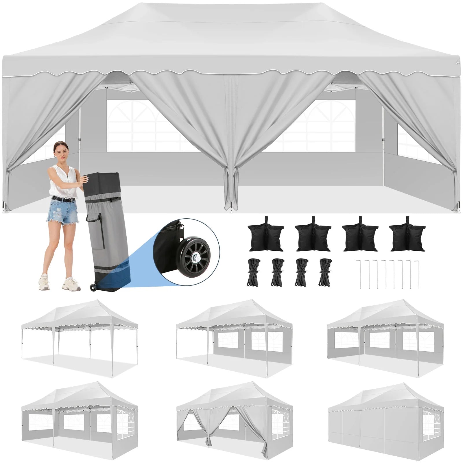 COBIZI Canopy Tent 10X20 Pop up Hollow Tent with 6 Removable Side Walls,Outdoor Event Party Canopy,Instant Portable,Suitable for Parties,Weddings,Camping and Beaches,with Wheeled Bag,White