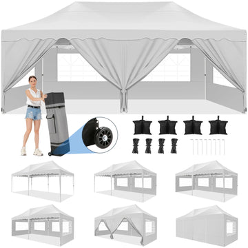COBIZI Canopy Tent 10X20 Pop up Hollow Tent with 6 Removable Side Walls,Outdoor Event Party Canopy,Instant Portable,Suitable for Parties,Weddings,Camping and Beaches,with Wheeled Bag,White