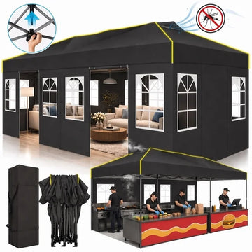 HOTEEL 10x20 FT Pop Up Canopy, Waterproof Tent with Mesh-Screened Vents & 6 Removable Sidewalls, One-Push Setup, UPF 50+, 3-Level Height Adjustable, Carry Bag, Sandbags, Stakes & Ropes, Black