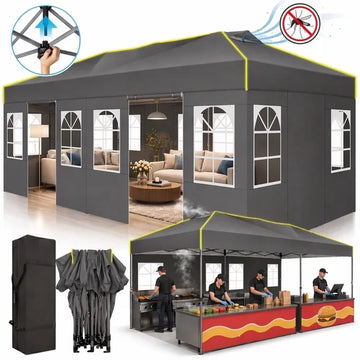 COBIZI 10x20 FT Pop Up Canopy, Waterproof Tent with Mesh-Screened Vents & 6 Removable Sidewalls, One-Push Setup, UPF 50+, 3-Level Height Adjustable, Carry Bag, Sandbags, Stakes & Ropes, Gray