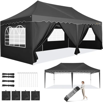 COBIZI 10x20FT Pop-Up Canopy Tent with 6 Removable Sidewalls & Wheeled Bag, Waterproof Adjustable Portable Outdoor Event Shelter — Perfect for Parties, Weddings, Camping & Commercial Use, Black