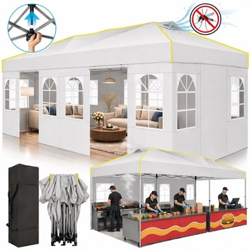 COBIZI 10x20 FT Pop Up Canopy, Waterproof Tent with Mesh-Screened Vents & 6 Removable Sidewalls, One-Push Setup, UPF 50+, 3-Level Height Adjustable, Carry Bag, Sandbags, Stakes & Ropes, White