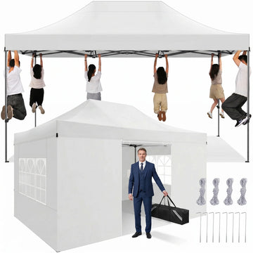 COBIZI 10x15 Pop Up Canopy with 4 Sidewalls, Heavy Duty Waterproof Commercial Canopy Tent for Outdoor Parties & Garden Events, Carry Bag Included, White