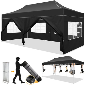 COBIZI 10x20 Pop Up Canopy Tent with 6 Sidewalls for Wedding Party Events, Heavy Duty Windproof Frame, Waterproof Outdoor Gazebo, Wheeled Bag Included, Black
