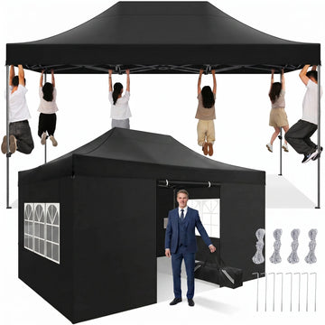 COBIZI 10x15 Pop Up Canopy with 4 Sidewalls, Heavy Duty Waterproof Commercial Canopy Tent for Outdoor Parties & Garden Events, Carry Bag Included, Black