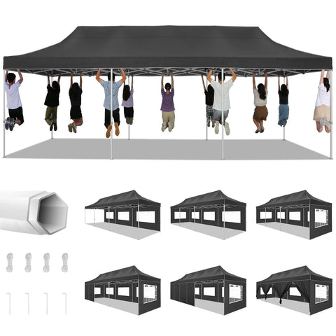 COBIZI Canopy Tent 10x30 Pop-up Heavy Duty Canopy Tent with 8 Removable Sidewalls,Party Tent for Weddings,Beaches,Outdoor Events,Commercial Seasonal Wind UV 50+& Waterproof&Sunburn Protection,Black