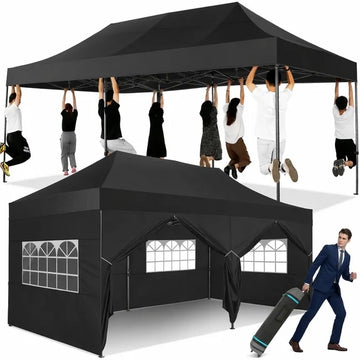 COBIZI 10x20 Pop Up Canopy with 6 Sidewalls, Heavy Duty UPF 50+ Waterproof All Season Commercial Tent for Outdoor Weddings & Parties, Roller Bag Included, Black