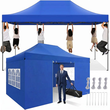 COBIZI 10x15 Pop Up Canopy with 4 Sidewalls, Heavy Duty Waterproof Commercial Canopy Tent for Outdoor Parties & Garden Events, Carry Bag Included, Blue