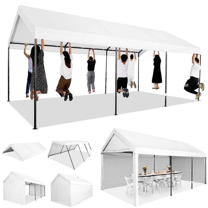 COBIZI Carport 10'x 20' Heavy Duty Carport with Powder-Coated Steel Metal Frame, Portable Garage with Removable Sidewalls & Doors for Car, Truck, Boat, Car Canopy with All-Season Tarp, White