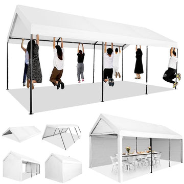 COBIZI Carport 10'x 20' Heavy Duty Carport with Powder-Coated Steel Metal Frame, Portable Garage with Removable Sidewalls & Doors for Car, Truck, Boat, Car Canopy with All-Season Tarp, White