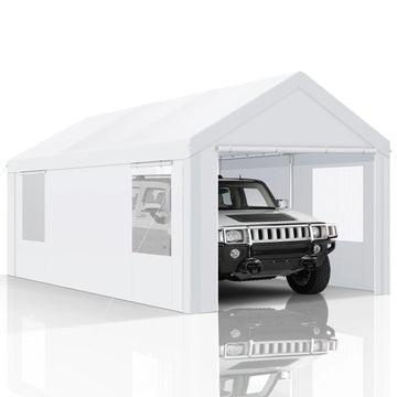 COBIZI Carport 10'x20' Large Heavy Duty Car Tent with Powder-Coated Steel Frame, Portable Garage with Removable Sidewalls & Doors, Car Canopy with All-Season Tarp for Outdoor Party, Birthday, White