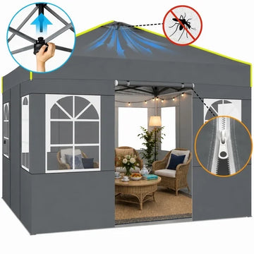 COBIZI 10x10 Pop Up Canopy Tent with 4 Sidewalls, Mesh Air Vents, Double-Zipper Roll-Up Doors, One-Push Setup, 3 Heights, Waterproof UPF 50+, Glow Strips, Carry Bag, Sandbags, Stakes & Ropes, Gray