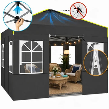 COBIZI 10x10 Pop Up Canopy Tent with 4 Sidewalls, Mesh Air Vents, Double-Zipper Roll-Up Doors, One-Push Setup, 3 Heights, Waterproof UPF 50+, Glow Strips, Carry Bag, Sandbags, Stakes & Ropes, Black