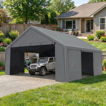 COBIZI Carport 20x20 Large Heavy Duty Car Tent with Powder-Coated Steel Frame, Portable Garage with Removable Sidewalls & Doors, Car Canopy with All-Season Tarp for Outdoor Party, Birthday, Gray