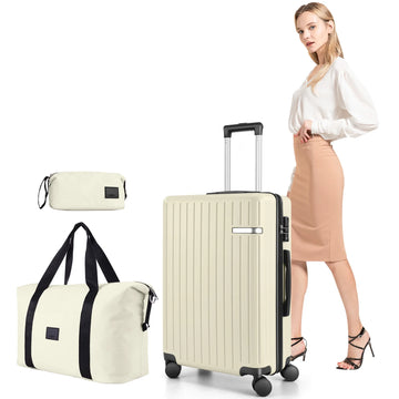 COBIZI 3 Piece Hardshell Luggage Set, Lightweight Suitcase with TSA Lock Spinner Wheels 20/24/28 in, Beige