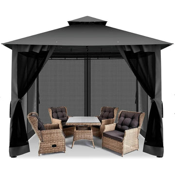 COBIZI 10'x10' Outdoor Gazebo Canopy, Canopy Tent with Mosquito Netting,Screened Gazebo with Corner Shelf Stable Steel Frame Double Roof Tops, Shade Tent for Party, Backyard, Patio Lawn, Garden,Khaki