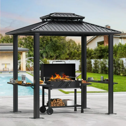 COBIZI 6'x8' Hardtop Grill Gazebo for Patio Double Galvanized Steel Roof with 2 Side Shelves Outside Sun Shade Outdoor BBQ Gazebo