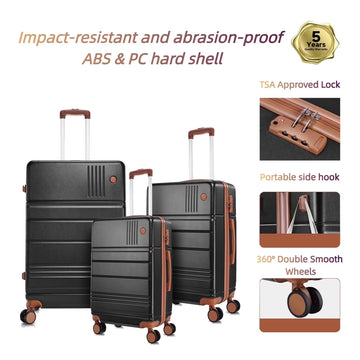 COBIZI Luggage Sets 3 Piece, ABS+PC Hard Shell Suitcases with Wheels, TSA Aproved Lock and Convient Side Hook, Travel Suit Case Set for Men and Women, Black