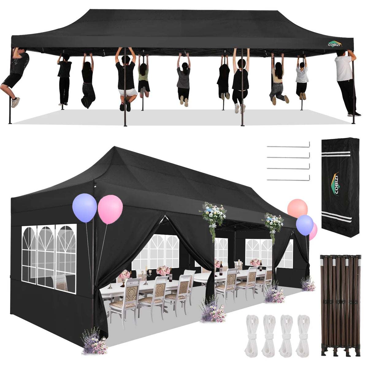 COBIZI Heavy Duty 10x30 Party Tent,Commercial pop up Canopy for Parties,Waterproof Gazebos, 8 Sidewalls,Waterproof UPF50+,Stable Thickened Frame,Black