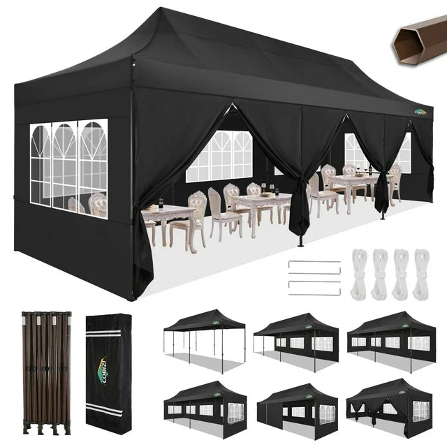 COBIZI Heavy Duty 10x30 Party Tent,Commercial pop up Canopy for Parties,Waterproof Gazebos, 8 Sidewalls,Waterproof UPF50+,Black