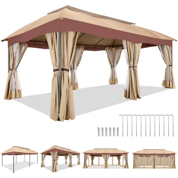 COBIZI Heavy Duty 12x20 Metal Patio Gazebo Outdoor Gazebo Canopy Tent with 6 Mosquito Netting and Curtains Gazebos Shelter 100% Waterproof with Double Roof for Party, Backyard, Deck, Garden, Khaki
