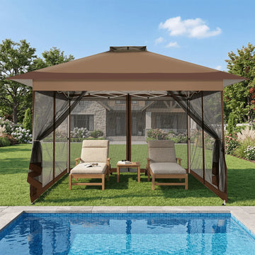COBIZI 13x13 Pop-Up Gazebo Canopy Tent, Outdoor Portable Patio Shelter with Carry Bag for Camping, Garden, Deck & Backyard, Darkbrown
