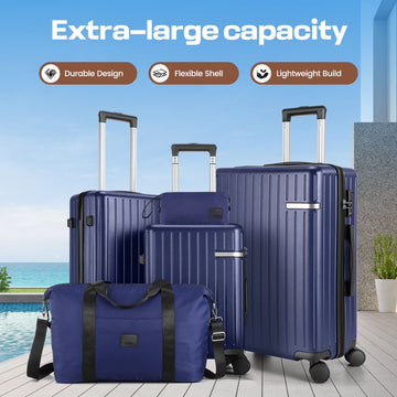 COBIZI Luggage Sets 5 Piece Suitcases With Wheels，ABS+PC Lightweight Hard Shell Luggage Sets With Tsa Lock, Carry On Suitcase Set With Carry On Travel Bag, Expandable Duffle Bag For Travel, Blue