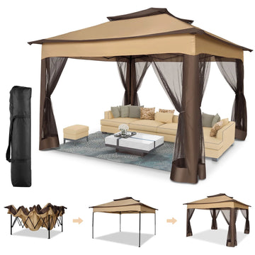 COBIZI Outdoor Canopy Gazebo 11x11 Pop Up Gazebo Patio Gazebo with 4 Mosquito Netting Outdoor Canopy Shelter with 121 Square Feet of Shade for Outdoor Lawn, Party, Garden, Backyard and Deck, Brown