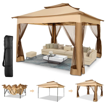 COBIZI Outdoor Canopy Gazebo 11x11 Pop up Gazebo Patio Gazebo with 4 Mosquito Netting Outdoor Canopy Shelter with 121 Square feet of Shade for Outdoor Lawn, Party, Garden, Backyard and Deck, Khaki