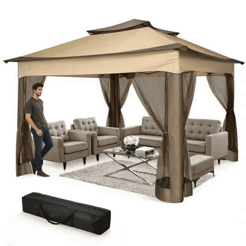 COBIZI Outdoor Canopy Gazebo 11x11 Pop-up Gazebo Patio Gazebo with Mosquito Netting Outdoor Canopy Shelter with 121 Square feet of Shade for Outdoor Lawn, Garden, Backyard and Deck, Brown