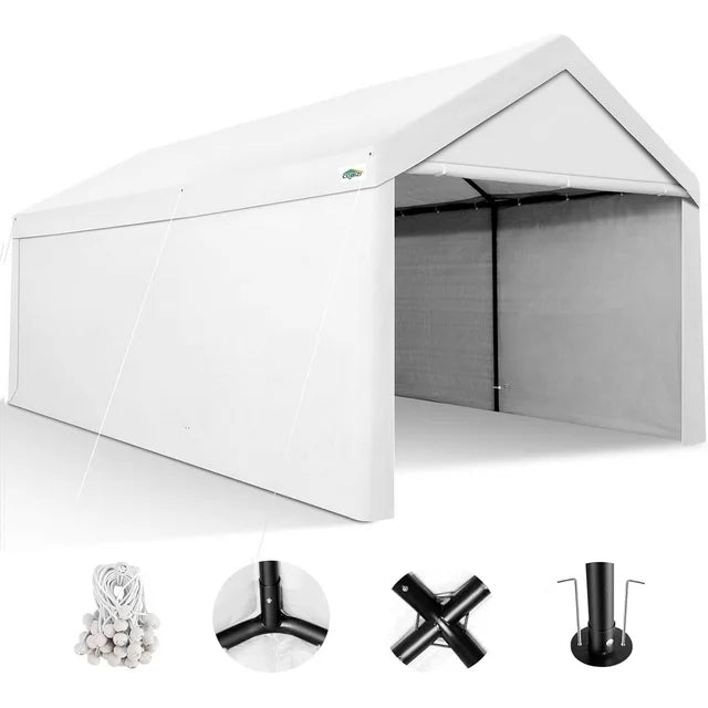COBIZI Outdoor Carport 10x20ft Heavy Duty Canopy Storage Shed, Portable Garage Party Tent, Portable Garage with Removable Sidewalls & Doors All-Season Tarp for Car, Truck, Party, White