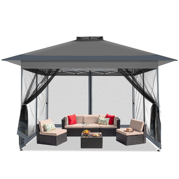 COBIZI 13x13 Pop-Up Gazebo with Mosquito Netting, Outdoor Patio Canopy Tent with 2-Tier Ventilated Roof, 3 Adjustable Heights, Provides 169 Sq Ft Shade, Dark Grey