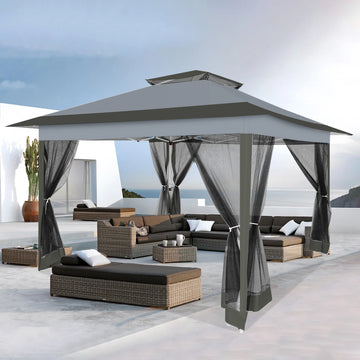 COBIZI 13x13 Pop-Up Gazebo with Mosquito Netting, Outdoor Patio Canopy Tent with 2-Tier Ventilated Roof, 3 Adjustable Heights, Provides 169 Sq Ft Shade, Brown