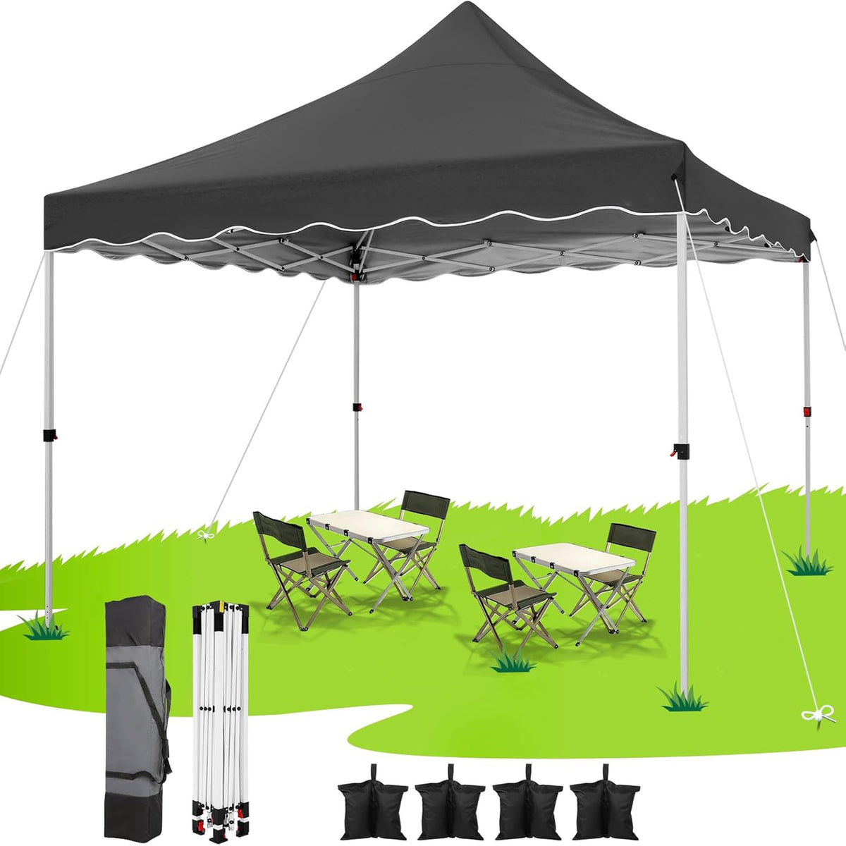 COBIZI Party Tent 10x10 Pop Up Canopy, Easy Setup Canopy Tent with Sandbags, Stakes & Ropes, UPF 50+ Waterproof Outdoor Instant Portable Shelter for Party, Events, Vendor, Black