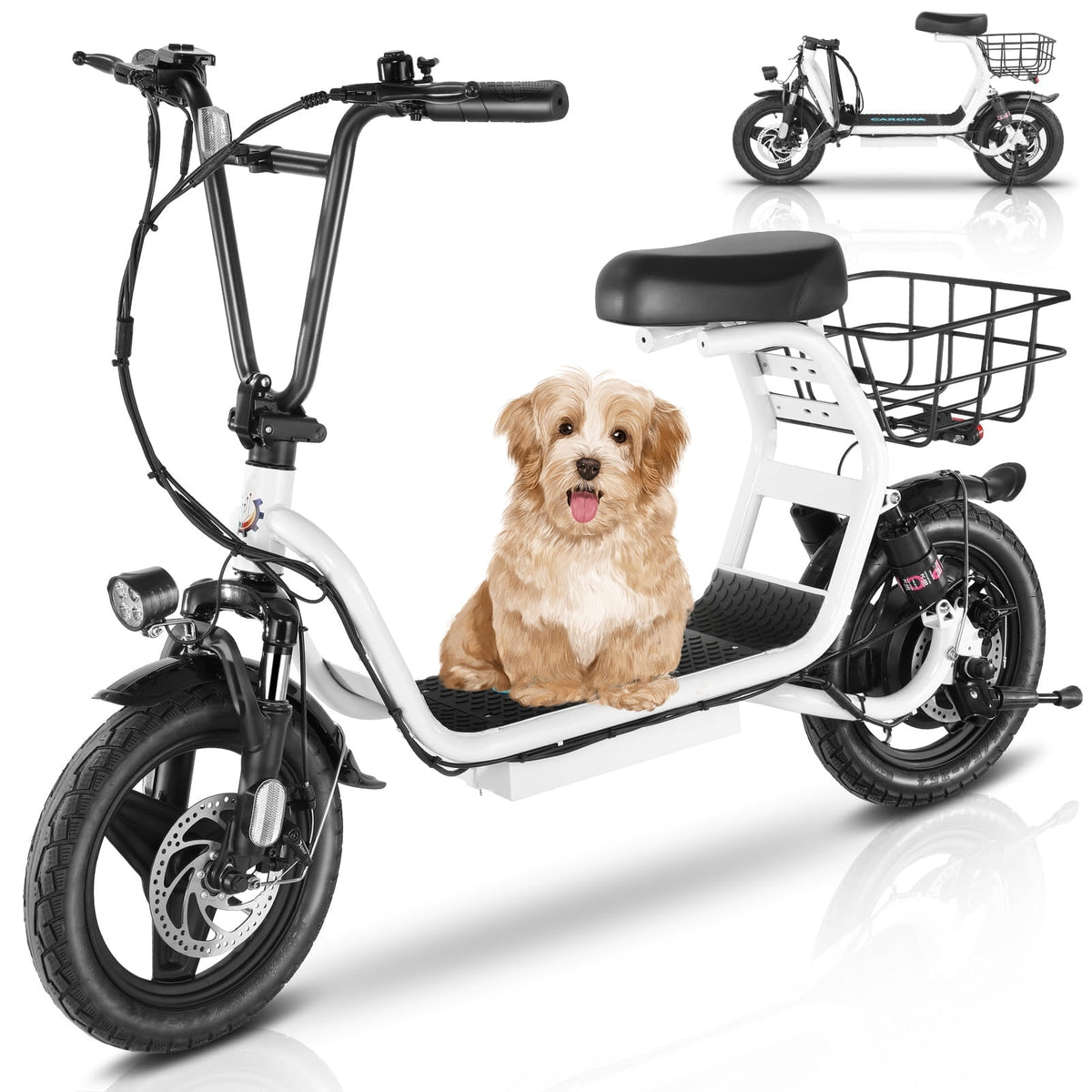 Caroma 500W Electric Scooter with Seat for Adult, 20 Mph Bike with Basket, 300lbs Max Load and 14" Fat Tire E Mopeds