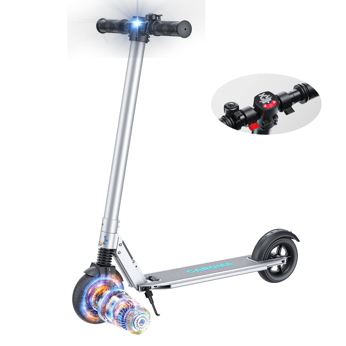 Caroma Electric Scooter for Adult and Teen, 15.5 Mph & 20 Miles Range, 250W Motor Foldable Kick Scooters, Max Load 220 Lbs, Silver
