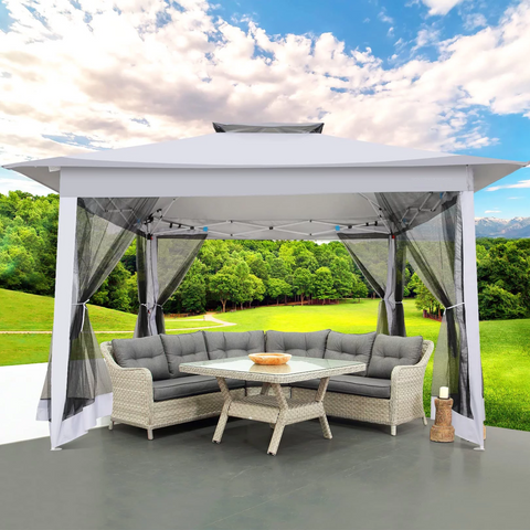 COBIZI Pop-up-Pavillon 12x12 Outdoor-Pavillonüberdachung mit Moskitonetz, Terrassenzelt, Hinterhofüberdachung mit 2-stufiger, belüfteter Oberseite, 3-fach höhenverstellbar und 144 Quadratfuß Schatten, Beige 