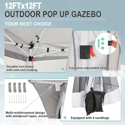 COBIZI Pop-up-Pavillon 12x12 Outdoor-Pavillonüberdachung mit Moskitonetz, Terrassenzelt, Hinterhofüberdachung mit 2-stufiger, belüfteter Oberseite, 3-fach höhenverstellbar und 144 Quadratfuß Schatten, Beige 